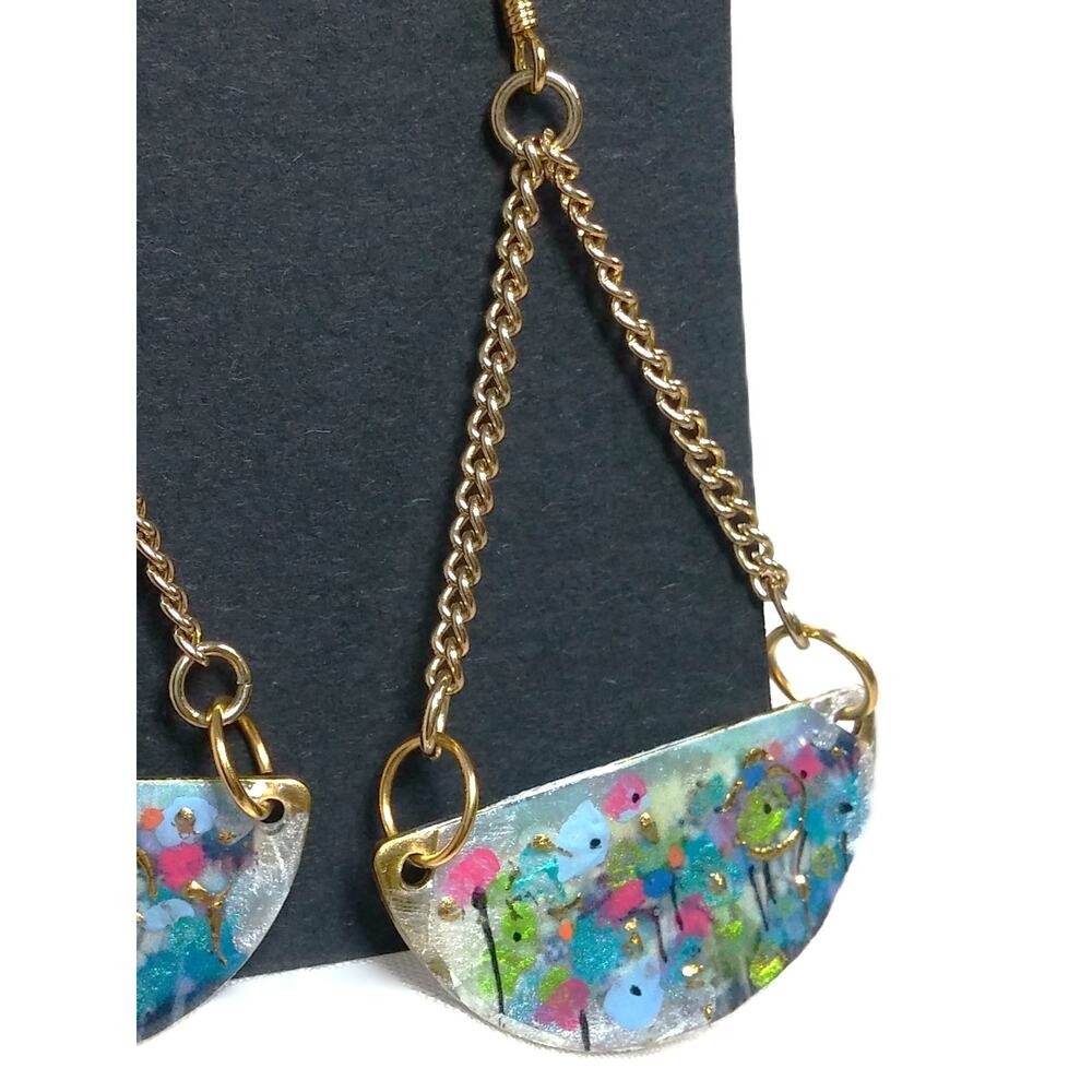 Artisan Crafted Painted Floral Earrings Half Moon Gold Tone Chain Monet Abstract - Picture 6 of 10
